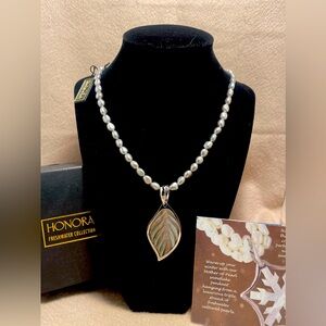 Honora Tahitian Mother of Pearl Sterling Silver Leaf Pendant Gray Pearl Necklace
